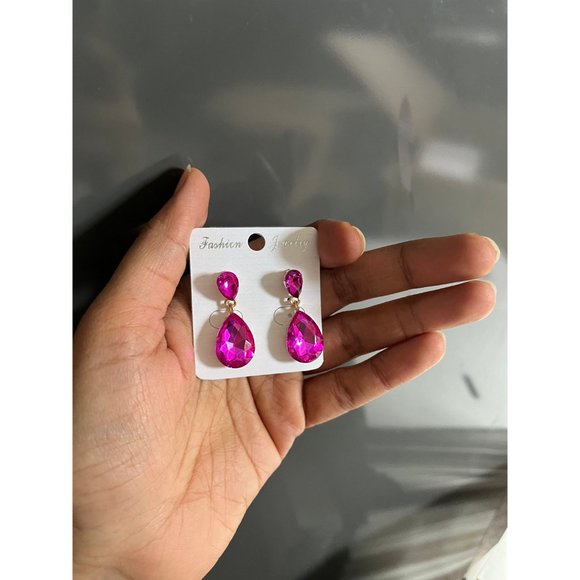 Fuchsia teardrop earrings , small fuchsia crystal hot pink gold tone tear drop - Picture 2 of 8